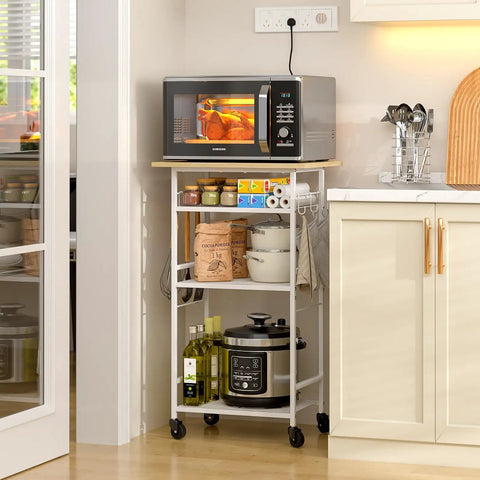 Super Smooth Rollin 4 Tier Microwave Cart With Gotta Have Storage For Coffee Bar Printer Stand Or Kitchen Counter Easy Glide Wheels with microwave and jars.