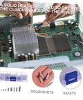 Hands using tools on a circuit board, showcasing the Shop Grade 304 Stainless Steel Solid Rivets Kit Includes 160 Tough Round Head Fasteners.