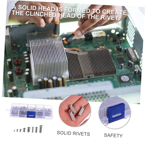 Hands using tools on a circuit board, showcasing the Shop Grade 304 Stainless Steel Solid Rivets Kit Includes 160 Tough Round Head Fasteners.