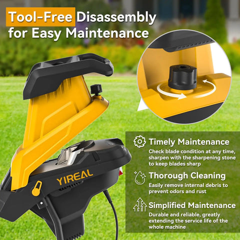 Close-up of the tool-free disassembly feature on the upgraded three-blade electric wood chipper with 15 amp motor and collection bag.