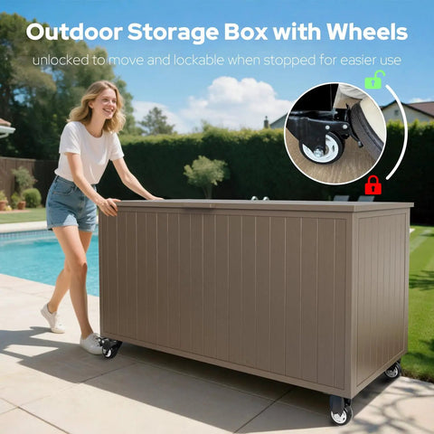 Woman moving 150 gallon outdoor storage box with wheels for patio, waterproof and UV resistant, heavy duty chest, brown.