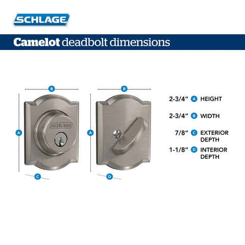 Dimensions of Camelot Trim Deadbolt With Keyed Entry, showing 2-3/4 inch height and width, exterior and interior depth.