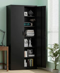 Heavy Gauge Steel Storage Cabinet With Two Doors And Five Adjustable Shelves, Seventy One Inch Tall Lockable Tool Box For Garage Or Office, Black Finish Built Like A Tank And Beast Mode Ready displayed in an office setting.