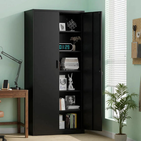 Heavy Gauge Steel Storage Cabinet With Two Doors And Five Adjustable Shelves, Seventy One Inch Tall Lockable Tool Box For Garage Or Office, Black Finish Built Like A Tank And Beast Mode Ready displayed in an office setting.