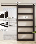 48x96 Inch Frosted Glass Barn Door With 8-Foot Sliding Hardware Included, 5-Panel Solid Wood Door Covered In Waterproof PVC Finish, Easy Assembly, Brown installed in a room doorway