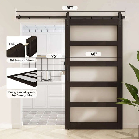 48x96 Inch Frosted Glass Barn Door With 8-Foot Sliding Hardware Included, 5-Panel Solid Wood Door Covered In Waterproof PVC Finish, Easy Assembly, Brown installed in a room doorway