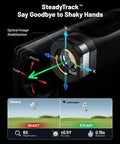 Golvia Ultra Range Finder Optical Image Stabilization diagram, highlighting yaw, pitch, roll functions, and SteadyTrack tech.