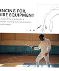 Fencer wearing Pro Grade Foil Fencing Mask With Durable Wire Cord And Guard Cord, practicing in gym with impact resistant shield.