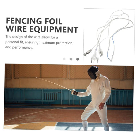 Fencer wearing Pro Grade Foil Fencing Mask With Durable Wire Cord And Guard Cord, practicing in gym with impact resistant shield.