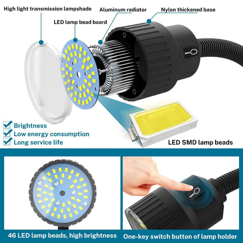 Close-up of Lathe Led Work Light With Dual Gooseneck Waterproof Design 1200 Lumens showing LED lamp beads and switch button.