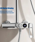 RIBEUJIZS Shower System, 10inch/25cm Round Rain Shower Set, LED digital display showing water temperature, chrome finish.