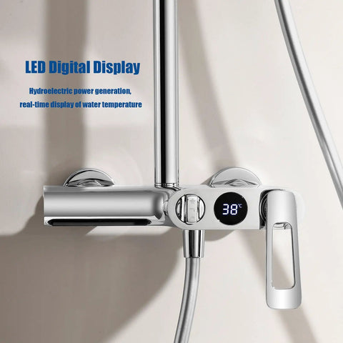 RIBEUJIZS Shower System, 10inch/25cm Round Rain Shower Set, LED digital display showing water temperature, chrome finish.
