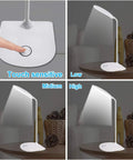 LED Desk Lamp Battery Operated Cordless Rechargeable Light Go Anywhere Flexible Portable Bedside Lamp For Crafting And Nail Art Home Office Use Eye Caring Dimmable Wireless Reading Lamp Small Desk Light 2 Pack with touch sensitive dimming feature showing light settings.