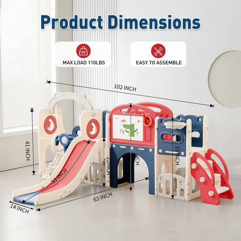 Product dimensions of 12 In 1 Outdoor Toddler Playset With Slide Swing Basketball Hoop Climbing Wall Tunnel And Hideout for ages 2-6