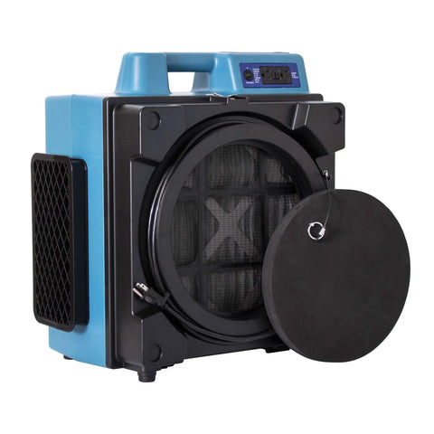 Heavy Duty Air Scrubber Slings Seven Five Zero Cfm Negative Air Through Triple HEPA Filters To Clear Rooms Fast Includes variable speed switch and black filter.