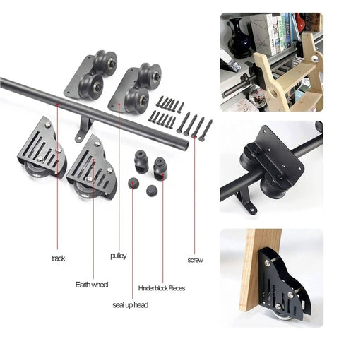 Sliding Barn Door Hardware Kit Basic Black With Big Spoke Wheel Rollers Wrought Iron Track System For Garage Or Closet Doors Quiet Operation Rustproof Coating Three Point Three Foot Track Length components shown.