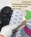 Huge 5 Inch Waterproof Hook Loop Sanding Discs With Silicon Carbide Grits From 60 To 10000 for easy attachment and replacement.