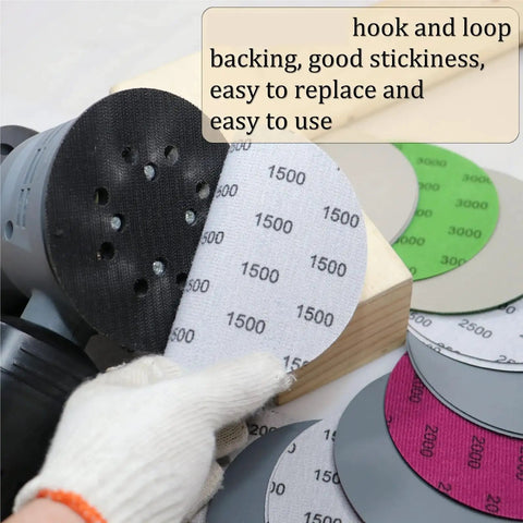 Huge 5 Inch Waterproof Hook Loop Sanding Discs With Silicon Carbide Grits From 60 To 10000 for easy attachment and replacement.