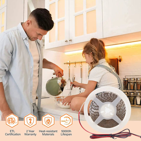 Father and daughter cooking; Dope Warm White LED Strip Lights 120 LEDs Per Meter, 1000 Lumens Per Meter, under cabinet lighting