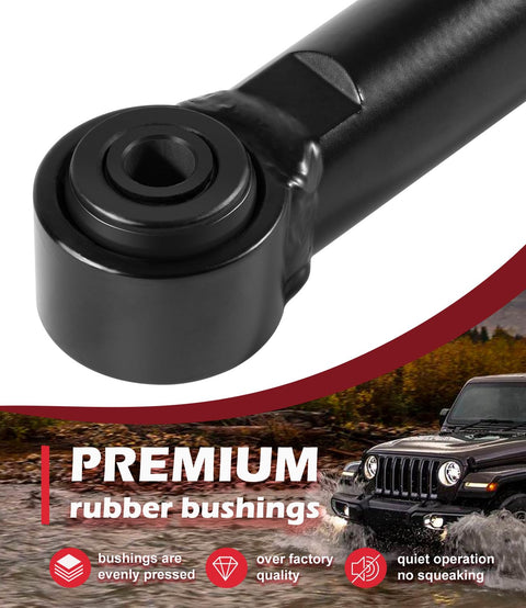 Beefed-Up Front Adjustable Track Bar For Jeep Wrangler JK JKU 2007 Through 2018 Fits 1-6 Inch Lift 1.5 Inch OD Solid Steel Panhard Bar Eliminates Death Wobble Maintenance Free Sealed Bushing Black, black rubber bushing close-up