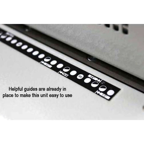 Close-up of guide ruler on Heavy Duty Electric Coil Punch Machine For Bindery with 4x5mm oval holes and 54 disengageable pins.