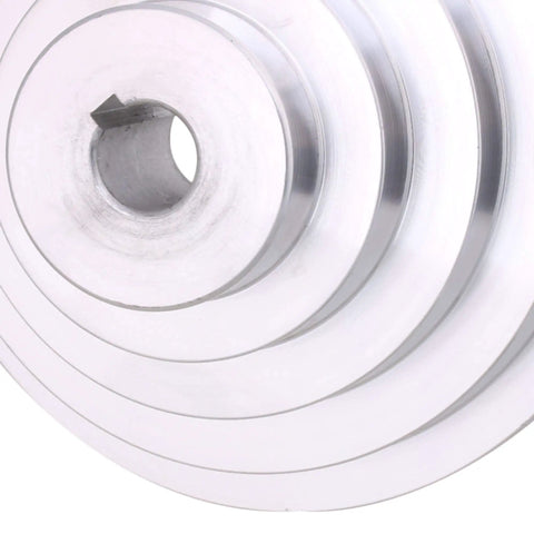 Close-up of Aluminum 19mm Bore A-Type V-Shaped Pagoda Pulley, 5 Slot 5-Step Belt Pulley, outer diameter 54mm to 150mm.