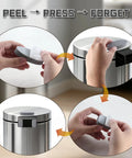 Gray adhesive trash can wall bumper collage: close-up peeling backing, applying to can, and bumper installed on side.