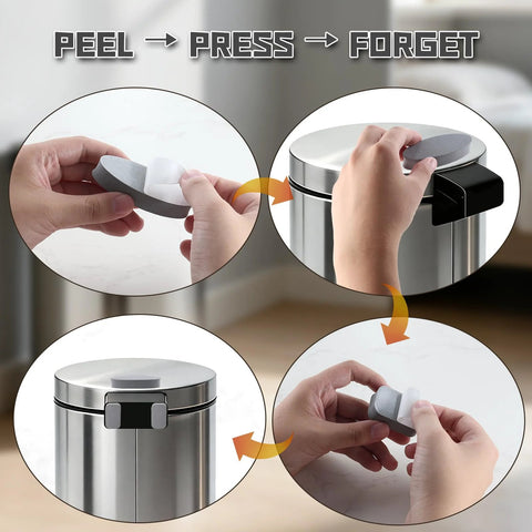 Gray adhesive trash can wall bumper collage: close-up peeling backing, applying to can, and bumper installed on side.