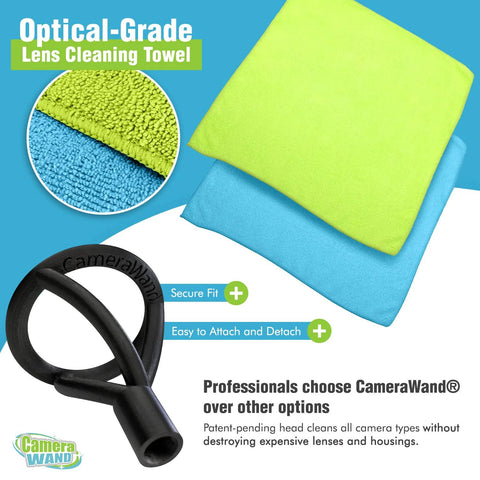 Camera cleaning kit with two microfiber towels (lime green and blue) and a CameraWand wand