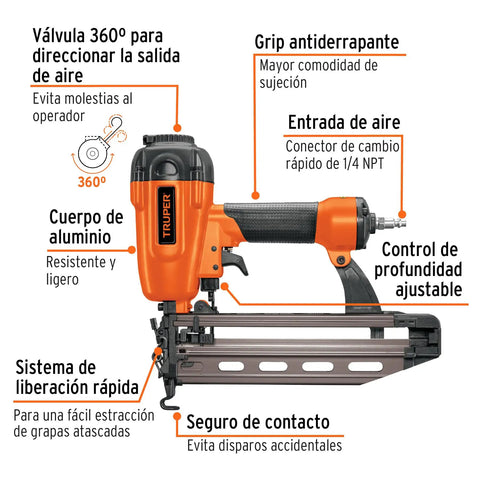 Heavy Duty 16 Gauge Pneumatic Air Brad Nailer, ergonomic grip, aluminum body, and adjustable depth control for efficient use.