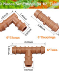 Diagram of Drip Irrigation Fittings Kit For One Half Inch Tubing, 20 Pieces With Couplings, Tees, Elbows showing measurements