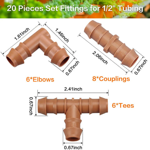 Diagram of Drip Irrigation Fittings Kit For One Half Inch Tubing, 20 Pieces With Couplings, Tees, Elbows showing measurements