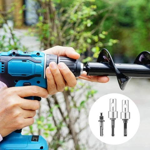 Person using Auger Drill Adapter For Half Inch SDS Plus Corded And Cordless Drills with garden auger, adapters shown.