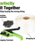 Heavy Duty Manual Banding Strapping Kit Featuring 985 Feet Of 3/4 Inch Woven Cord And 200 Phosphated Metal Buckles Smooth Edge Strap with strapping tensioner and seals.
