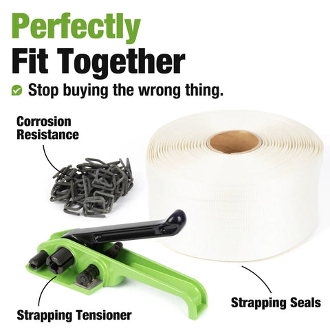 Heavy Duty Manual Banding Strapping Kit Featuring 985 Feet Of 3/4 Inch Woven Cord And 200 Phosphated Metal Buckles Smooth Edge Strap with strapping tensioner and seals.