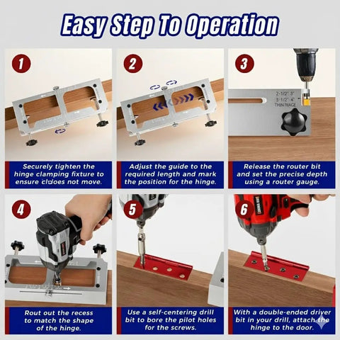 Easy operation steps for Pro Grade Dead Nuts Precise Door Hinge Template Kit For Router Adjustable Mortise Jig.