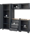Six Piece Garage Storage Cabinet Set With Lockers And Wood Workbench, Tool Organizer Cabinets, Includes Drawer Cabinet And Tall Cabinet, Fully Welded Steel Frame, Black And Grey, 76.8 Long By 18.5 Wide By 75.79 High