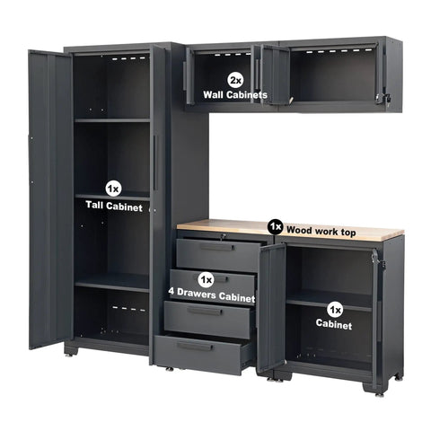 Six Piece Garage Storage Cabinet Set With Lockers And Wood Workbench, Tool Organizer Cabinets, Includes Drawer Cabinet And Tall Cabinet, Fully Welded Steel Frame, Black And Grey, 76.8 Long By 18.5 Wide By 75.79 High
