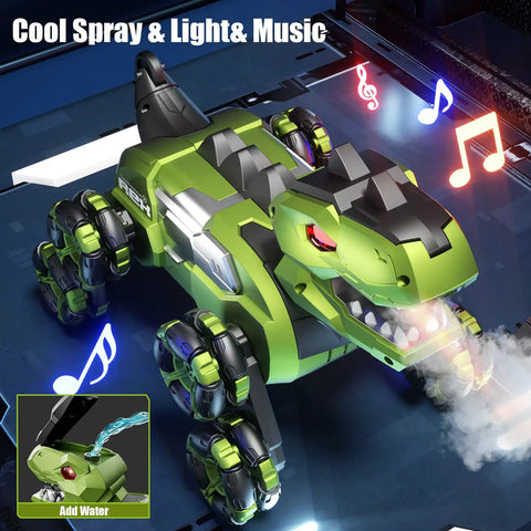 Gesture Sensing Dinosaur Monster Truck Remote Control Car with 8WD Off Road Stunt Vehicle, green with spray and lights