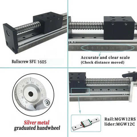 Pro Grade Manual Linear Rail Guide Stage With 4 Inch Travel, 100mm Platform, 0.02mm Repeatability, SFU1605 Ballscrew close-up