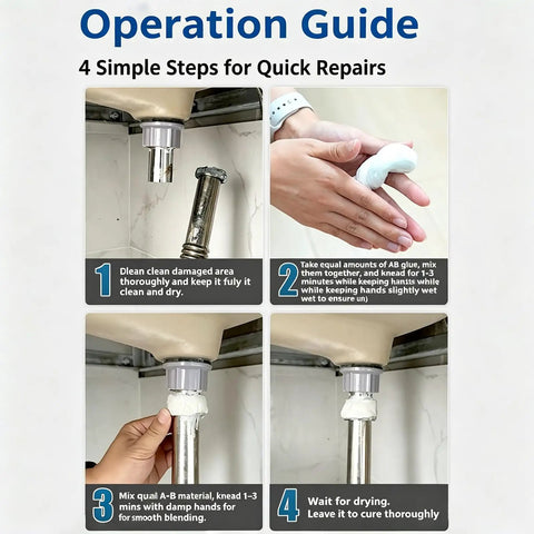 Operation guide for Straight Up Tough Steel Reinforced Epoxy Putty, showing mixing and application steps for repairs.