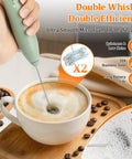 Rechargeable Milk Frother Wand With Stand USB C Handheld Mixer 2 Whisk Heads 3 Speeds Breezy Foam Easy Clean Perfect For Lattes Cappuccinos Matcha Hot Chocolate And Whisking Eggs creating foam in cup