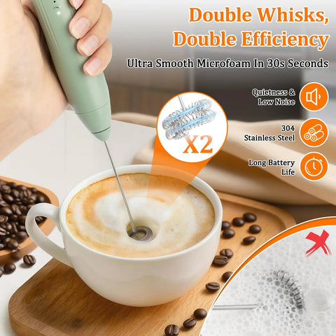Rechargeable Milk Frother Wand With Stand USB C Handheld Mixer 2 Whisk Heads 3 Speeds Breezy Foam Easy Clean Perfect For Lattes Cappuccinos Matcha Hot Chocolate And Whisking Eggs creating foam in cup