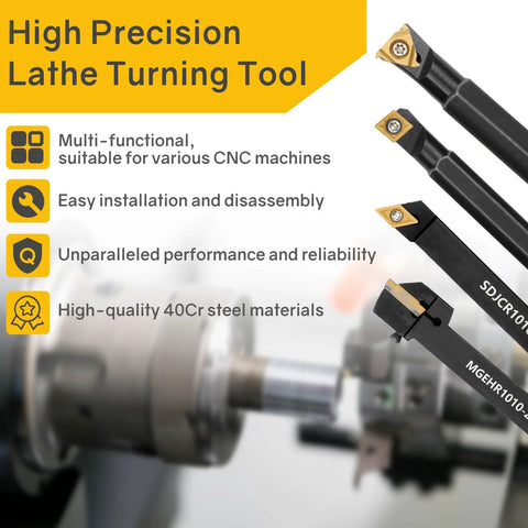 Indexable lathe turning tool kit with 21 pieces, 3/8''-10mm shanks, includes 14 carbide inserts and 7 tool holders