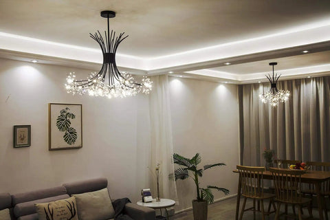 Modern Firework Crystal Dandelion Chandelier Pendant Lighting for Living Room with adjustable rods, 19 light black fixture.