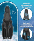 Snorkel Fins With Full Foot Pocket For All Day Wear, Durable Long Diving Fins For Snorkeling And Freediving, Black Design