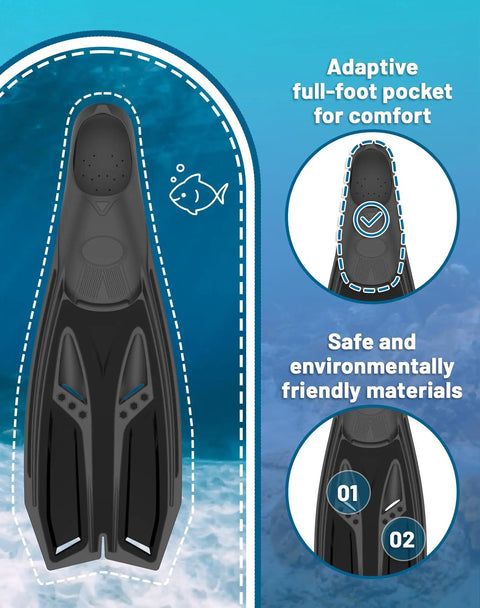 Snorkel Fins With Full Foot Pocket For All Day Wear, Durable Long Diving Fins For Snorkeling And Freediving, Black Design