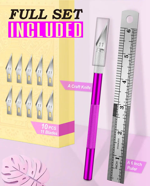 Precision Hobby Knife Set With Ten Extra Blades And A Six Inch Steel Ruler For Crafting Polymer Clay Pottery Paper Vinyl Stencil And Model Making Great For Beginners And Everyday DIY Crafters Who Want A Hands On Pro Grade Tool showing pink knife with number 11 blade, 10 extra blades, and 6 inch ruler