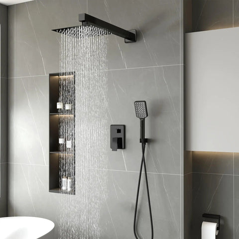 Matte Black Rain Shower Head And 8 Inch Square Shower System With 3 Setting Handheld Spray Wall Mounted Faucet Set