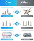 Image comparing Hardcore 304 Stainless Steel Screw Assortment Kit with Phillips Flat Head to inferior screws and packaging.